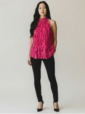 BCBG MaxAzria Fuchsia Silk Ruffle Front Halter Blouse Women’s L